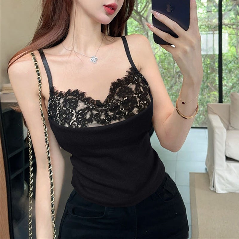 2025 Spring New Pure Style Lace Stitching With Chest Pad Beauty Back Vest Sling Top White - Image 1